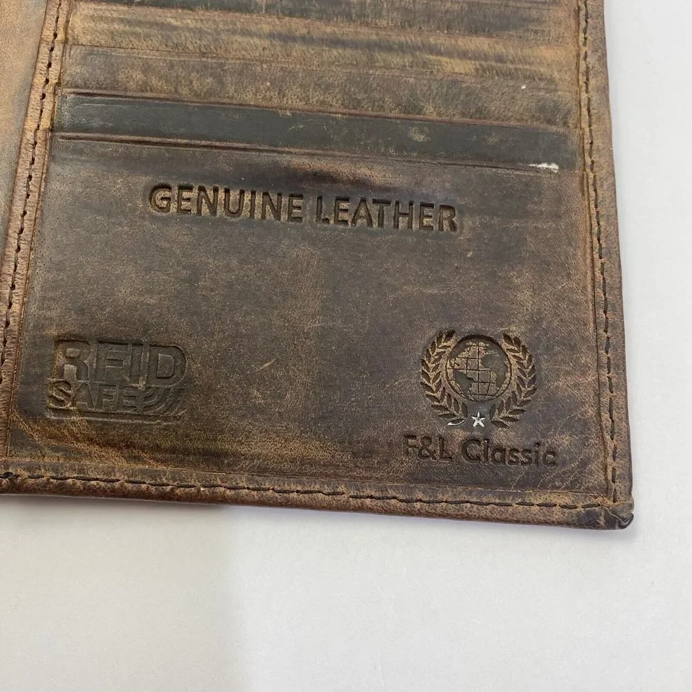 F&L Classic‎ Brown Genuine Leather Bifold Wallet RFID Safe Vintage